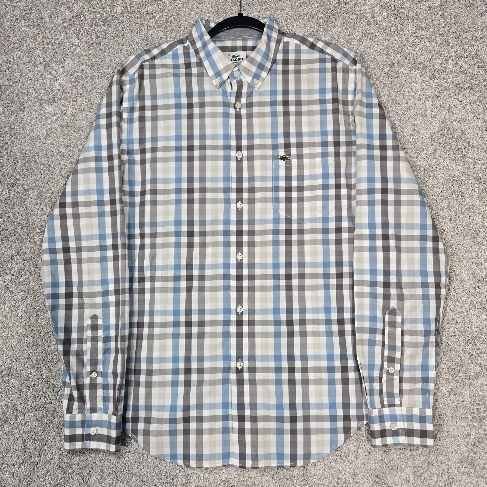 Lacoste Shirt Mens 42 (L) Blue Gray Check Plaid Long Sleeve Button Regular Fit